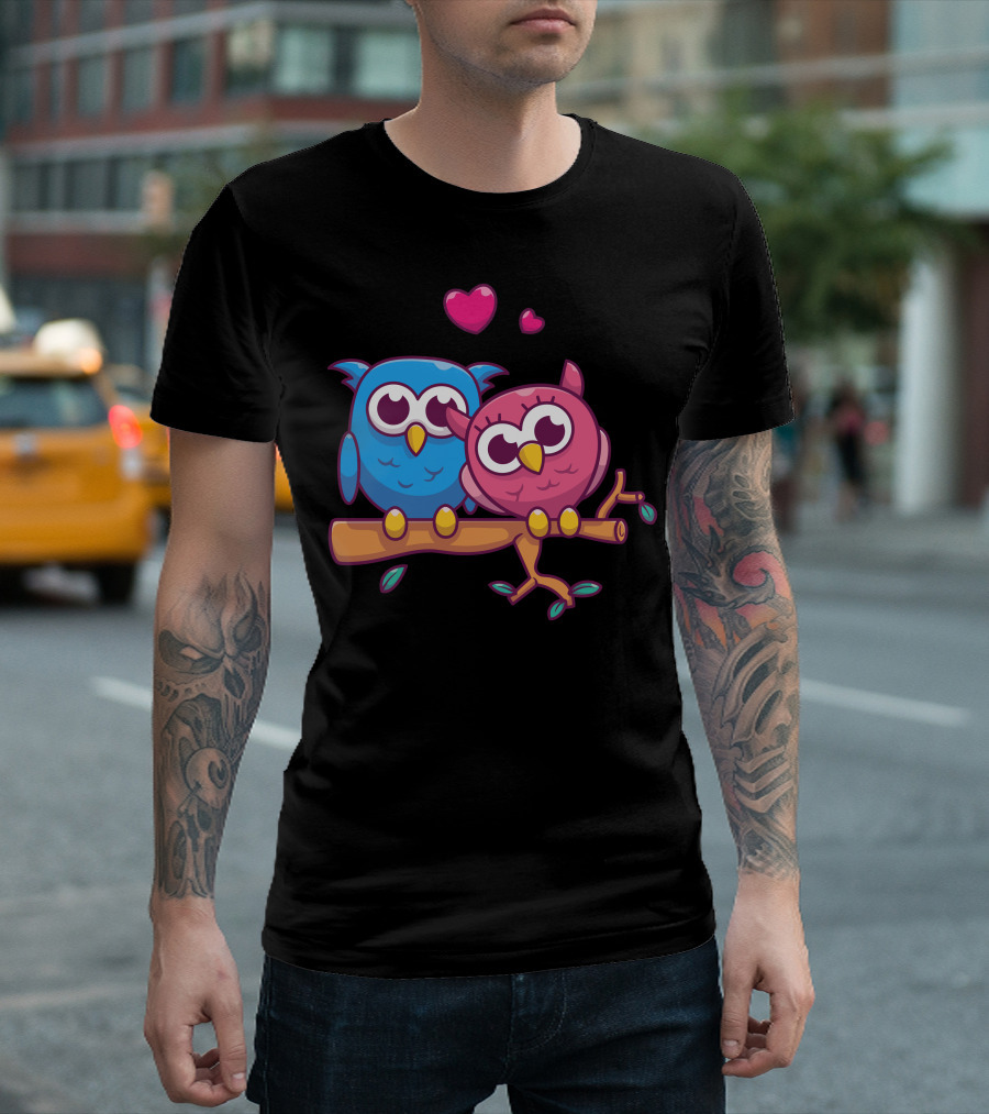 Couple of Owl Fall in Love with Hearts and Branch T-Shirt