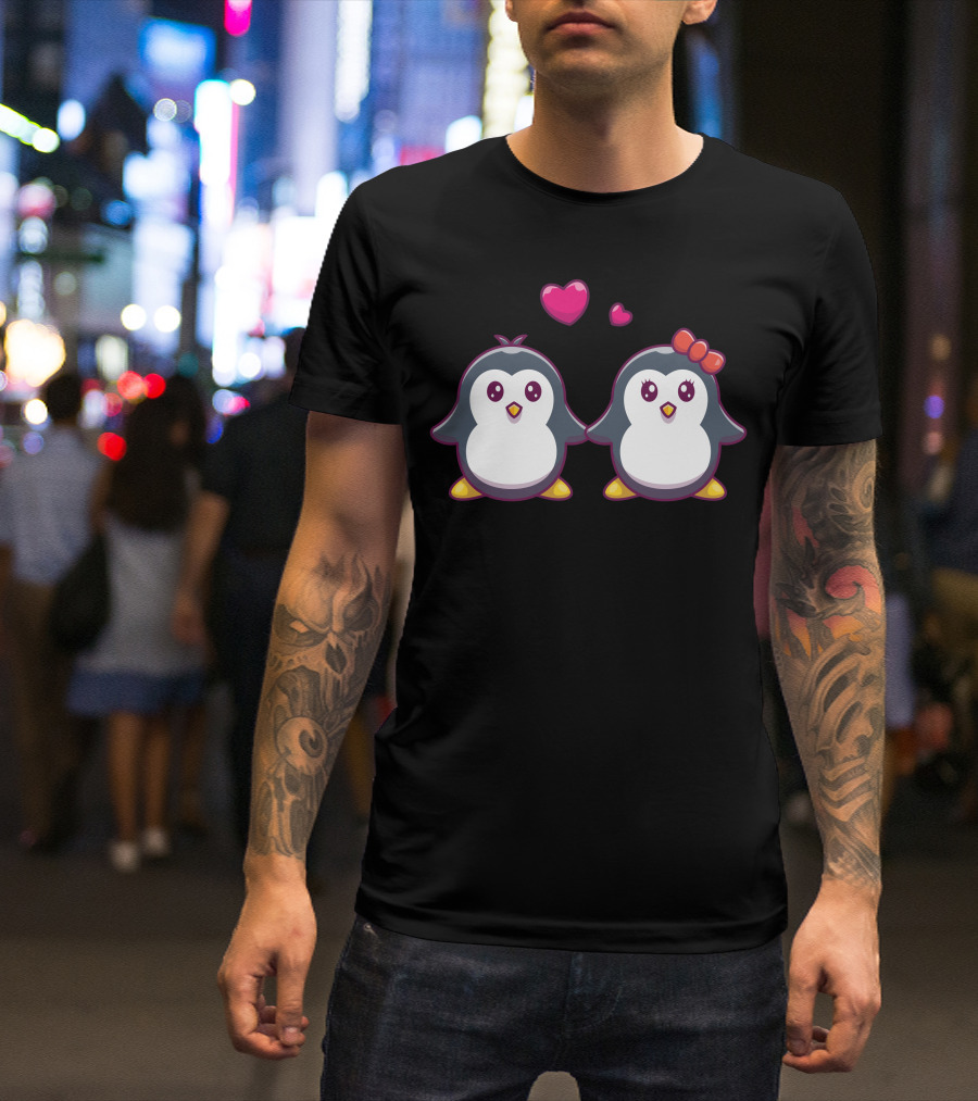 Couple Of Penguins Fall In Love With Hearts And Bow T-Shirt