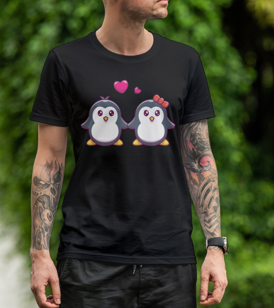 Couple Of Penguins Fall In Love With Hearts And Bow T-Shirt