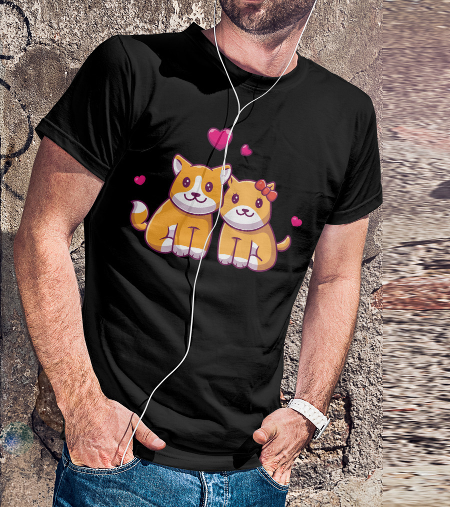 Couple Of Shiba Inu With Hearts And Bow Fall In Love T-Shirt