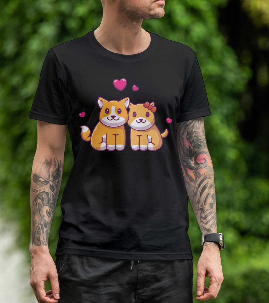 Couple Of Shiba Inu With Hearts And Bow Fall In Love T-Shirt