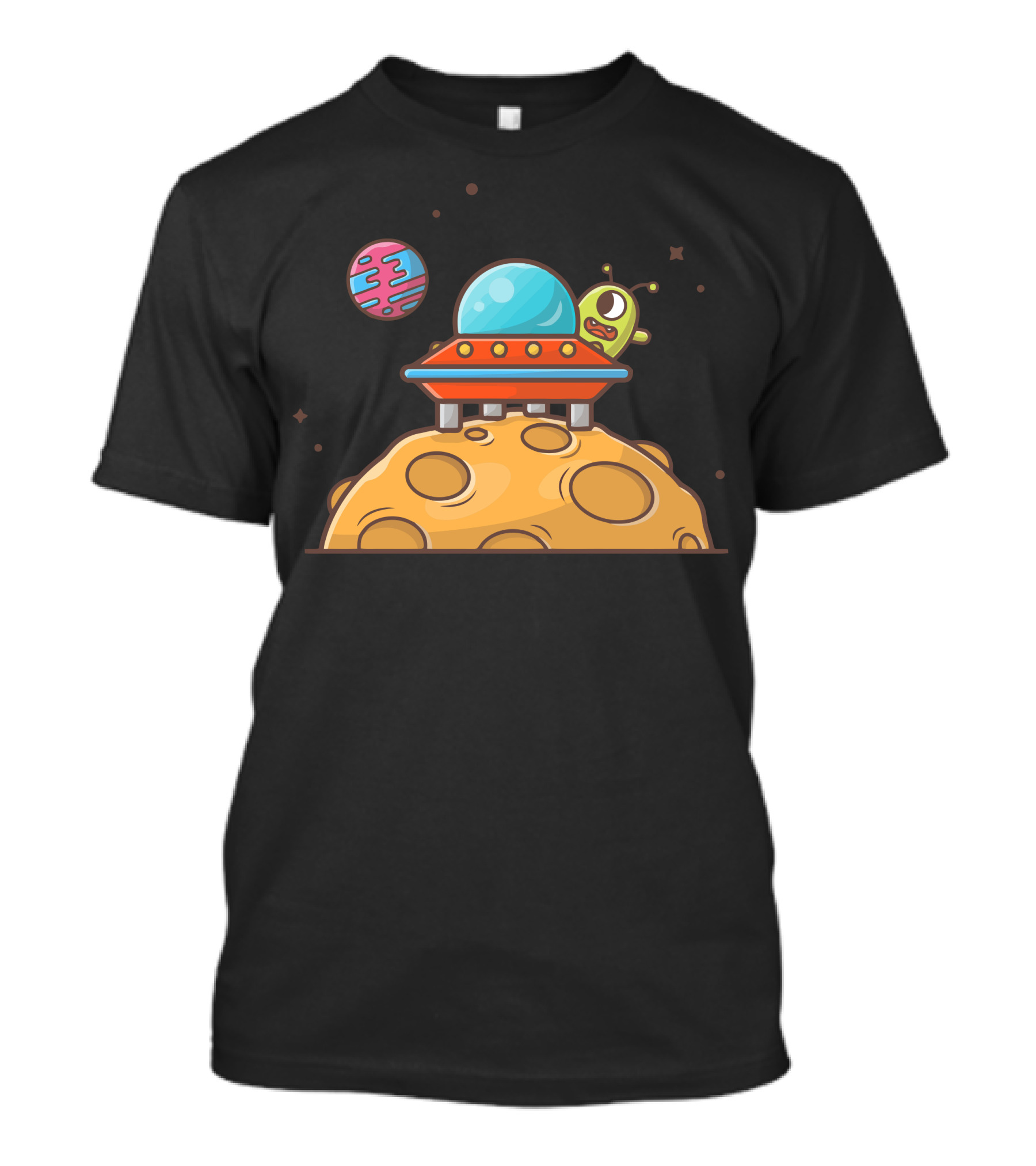 Cute Alien Spaceship On Planet With Colorful Orbiting Planet T-Shirt