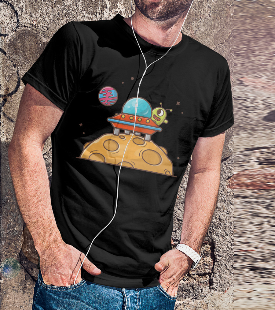 Cute Alien Spaceship On Planet With Colorful Orbiting Planet T-Shirt