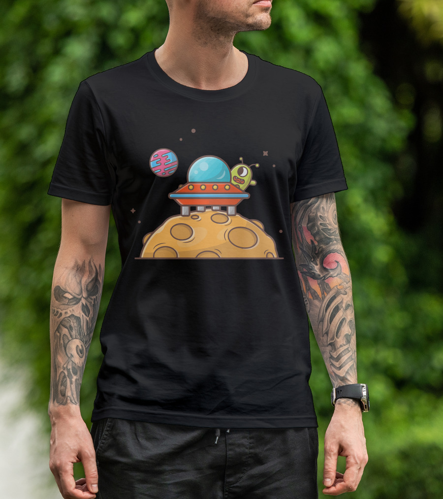 Cute Alien Spaceship On Planet With Colorful Orbiting Planet T-Shirt