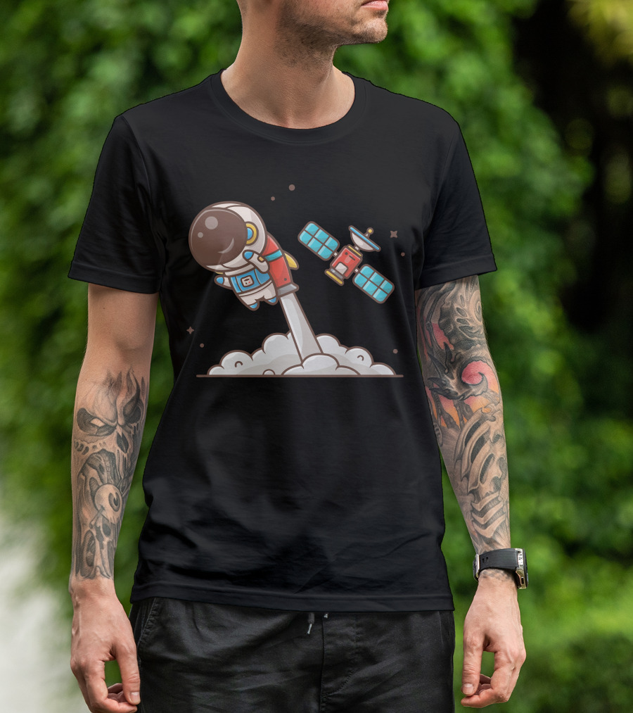 Cute Astronaut Rocketing Through Space With Satellite Journey T-Shirt
