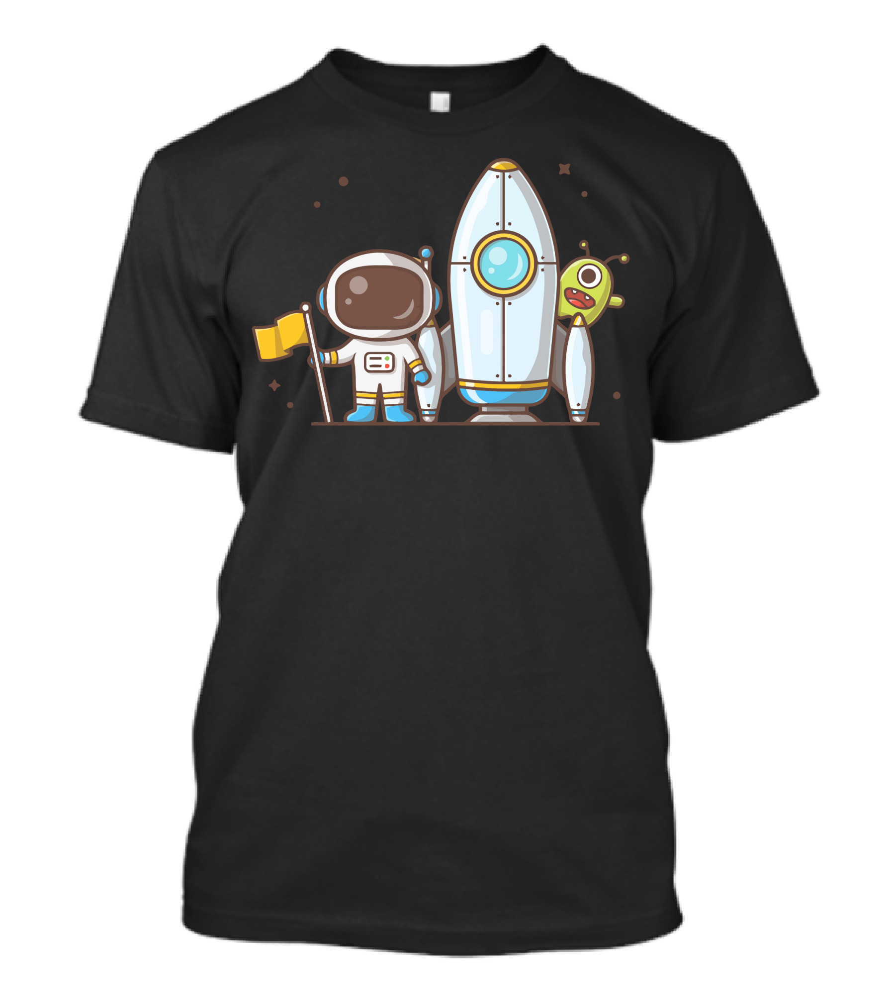 Cute Astronaut Holding Flag With Rocket And Alien Companion T-Shirt