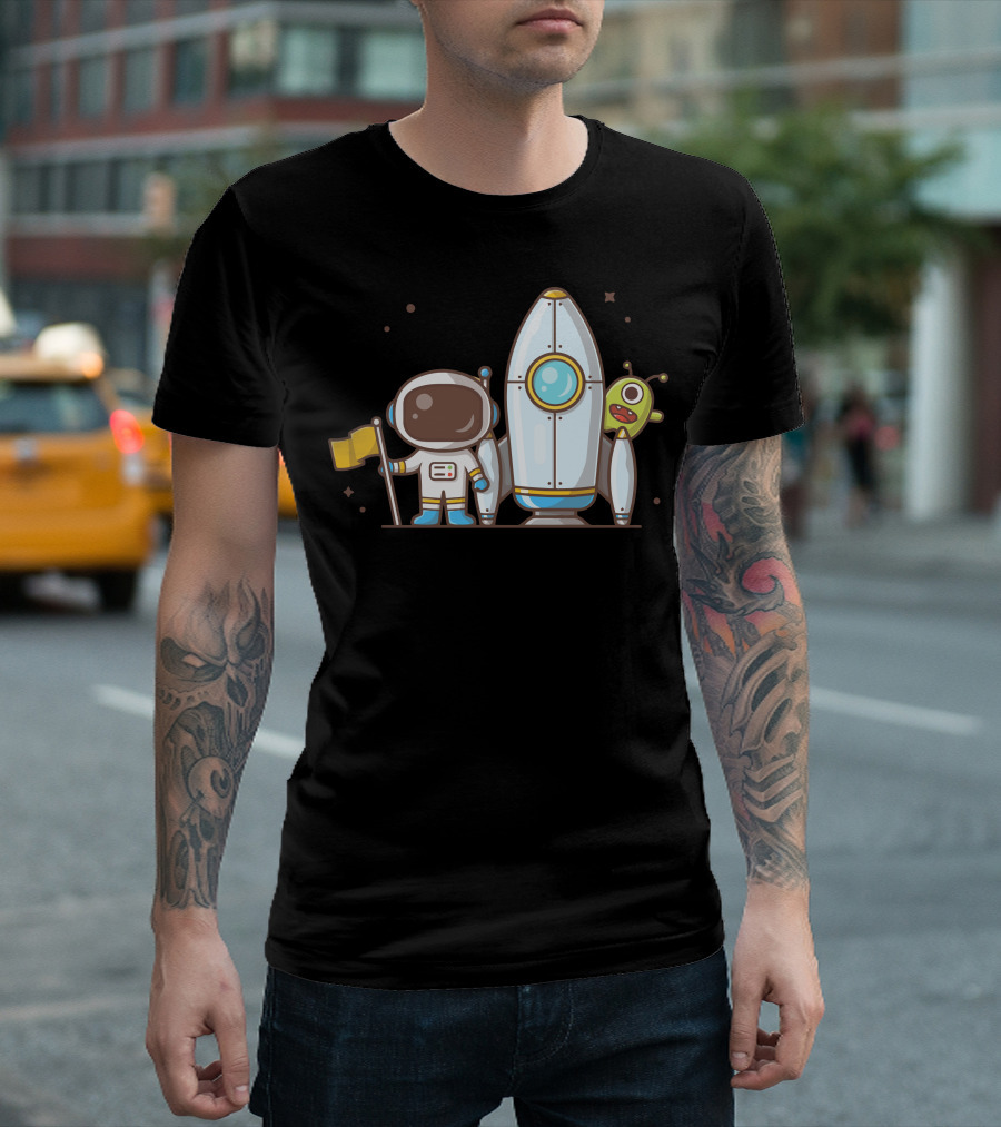 Cute Astronaut Holding Flag With Rocket And Alien Companion T-Shirt