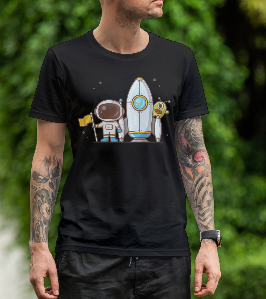 Cute Astronaut Holding Flag With Rocket And Alien Companion T-Shirt