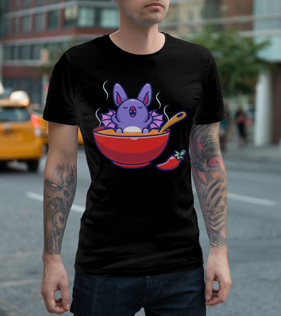 Cute Bat Relaxing In Steaming Soup Bowl With Pepper T-Shirt