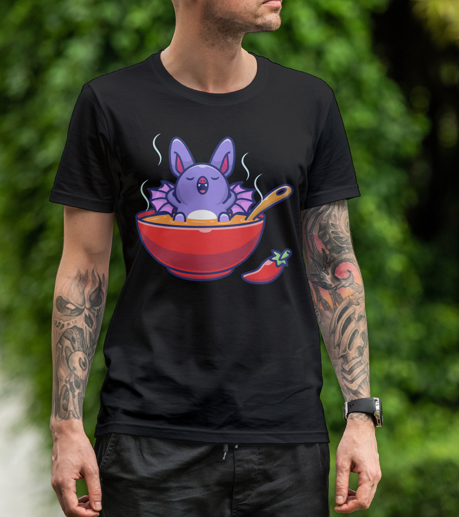 Cute Bat Relaxing In Steaming Soup Bowl With Pepper T-Shirt