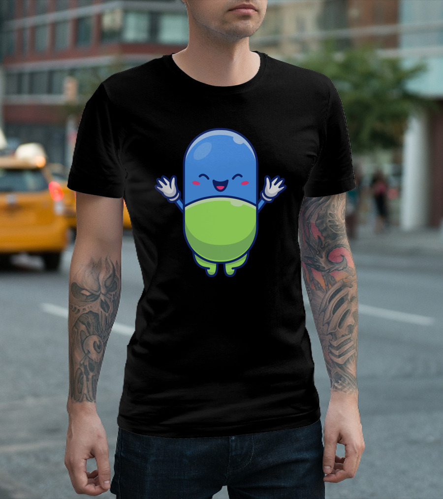 Cute Blue and Green Capsule with Happy Face and Raised Arms T-Shirt
