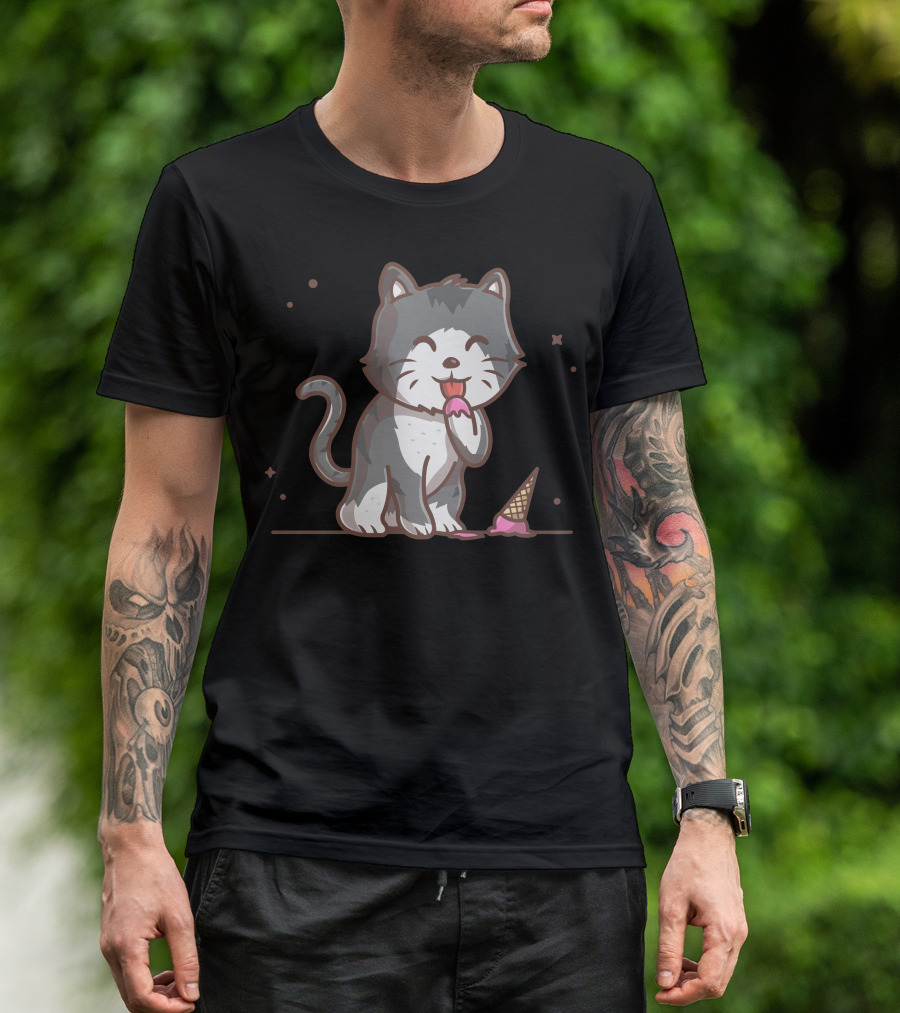 Cute Cat Licking Ice Cream From Fallen Cone T-Shirt