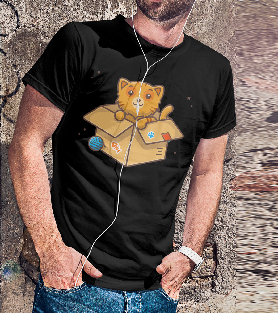 Cute Orange Cat In Cardboard Box With Yarn And Fish Stickers T-Shirt