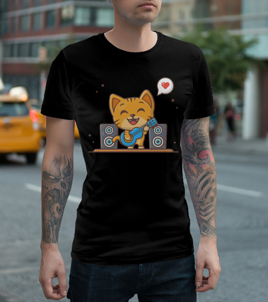 Happy Cute Cat Playing Guitar with Heart Icon and Speaker Background T-Shirt