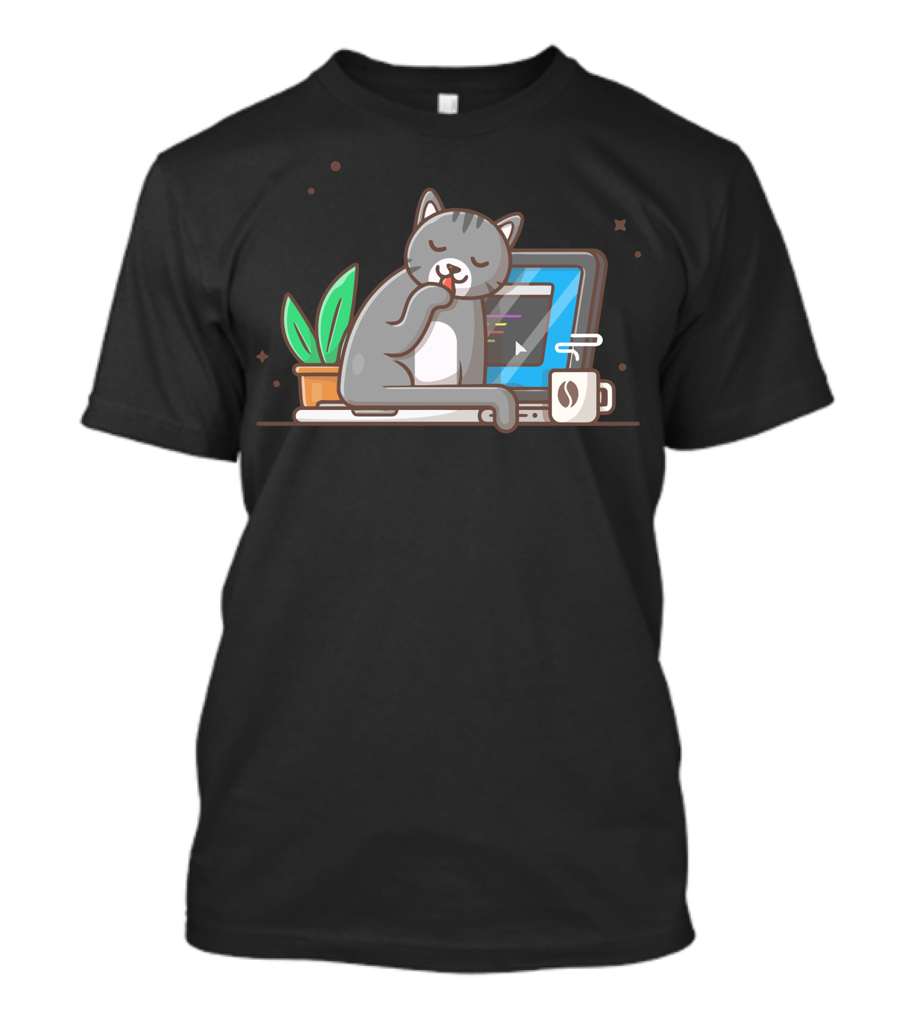 Cute Cat Cozy On Laptop With Coffee And Plant T-Shirt