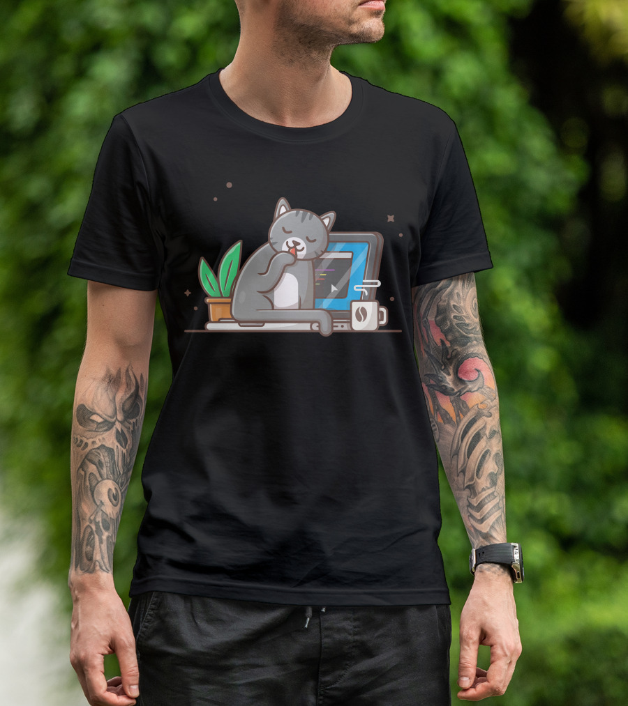 Cute Cat Cozy On Laptop With Coffee And Plant T-Shirt
