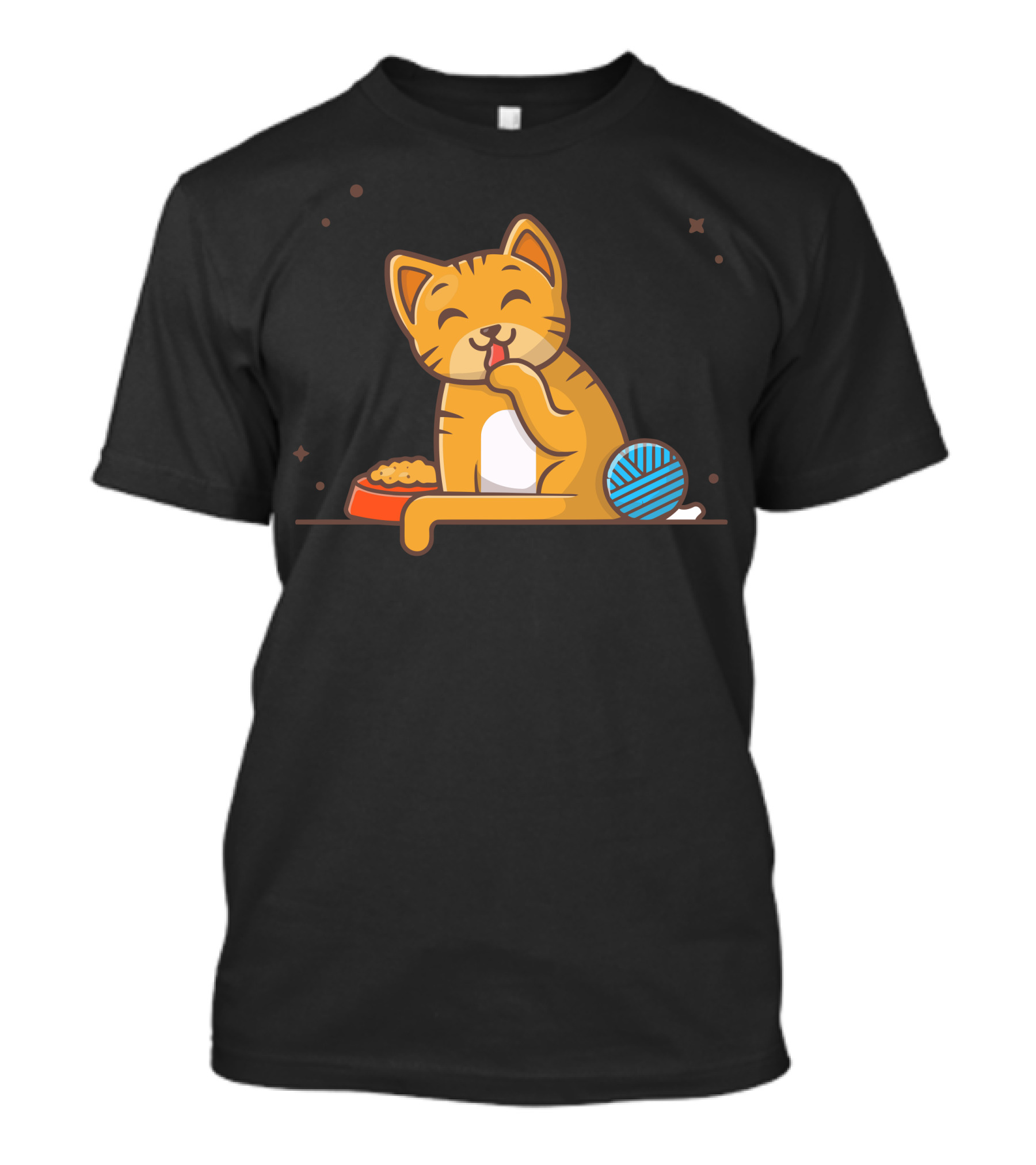 Cute Happy Cat Licking Paw With Food Bowl And Blue Yarn Ball T-Shirt