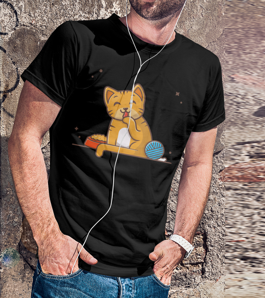 Cute Happy Cat Licking Paw With Food Bowl And Blue Yarn Ball T-Shirt