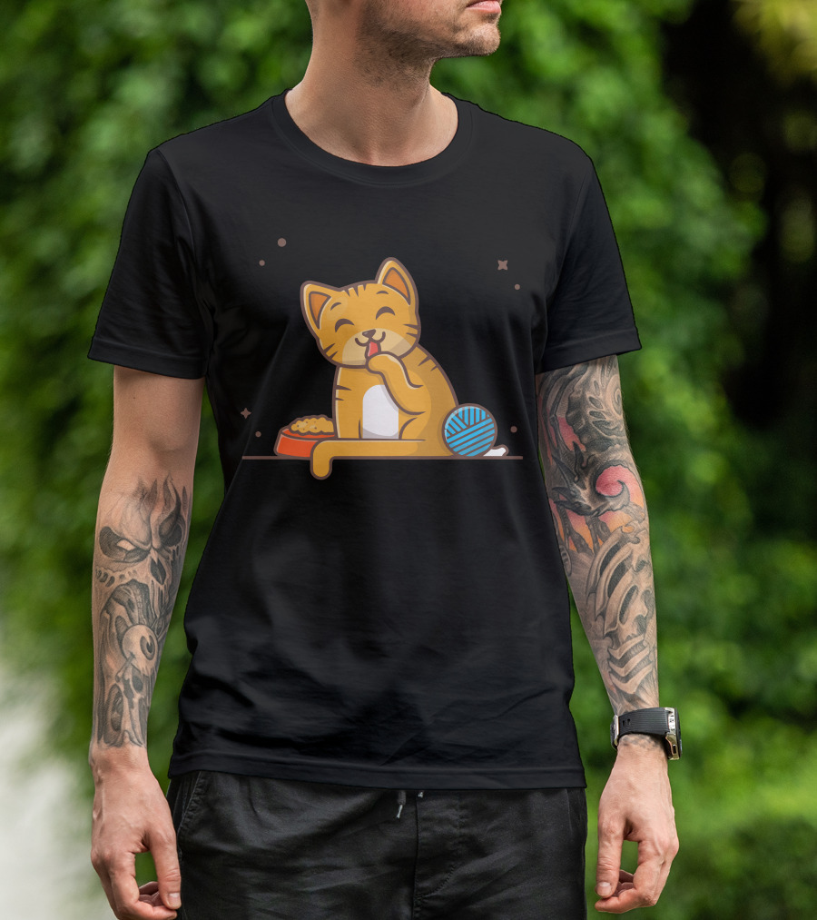 Cute Happy Cat Licking Paw With Food Bowl And Blue Yarn Ball T-Shirt