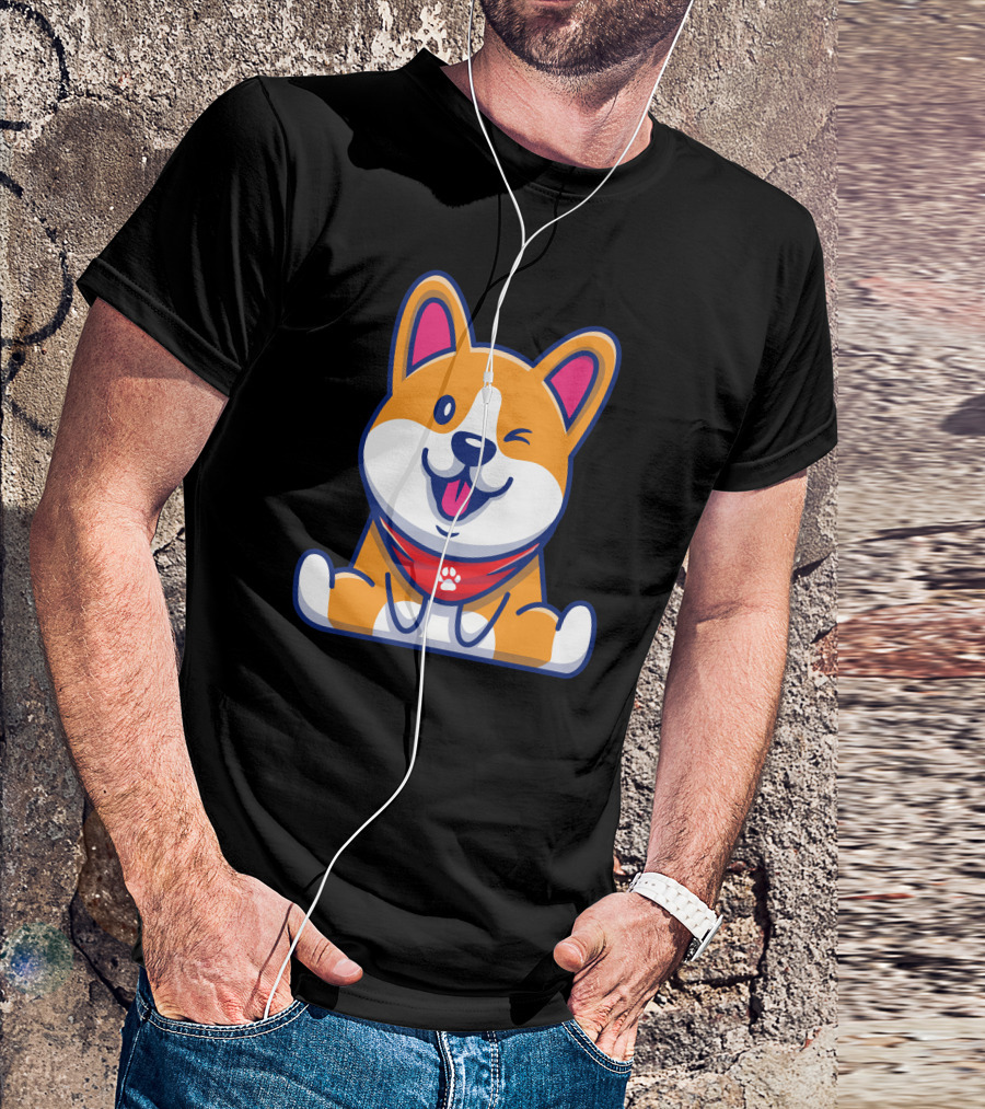 Cute Corgi Sitting Winking Red Bandana Paw Prints T-Shirt