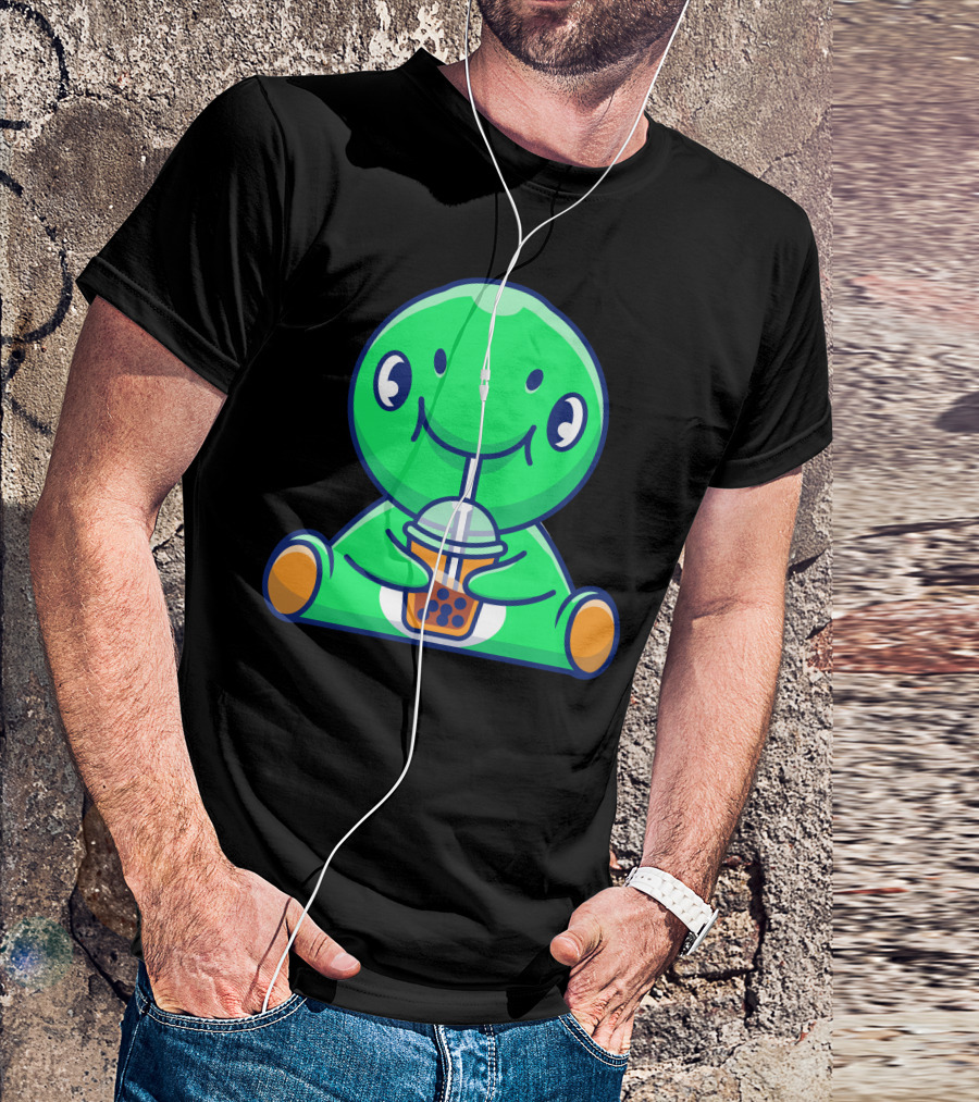 Cute Green Dinosaur Enjoying Boba Tea With Straw T-Shirt