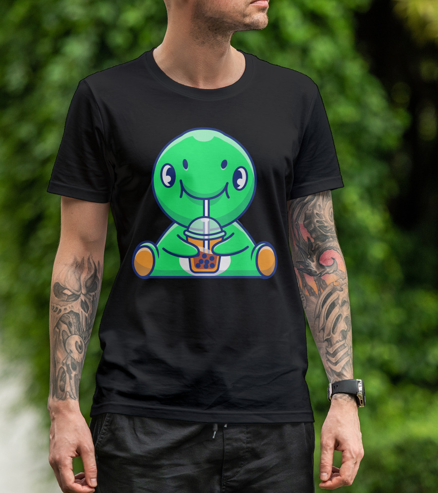 Cute Green Dinosaur Enjoying Boba Tea With Straw T-Shirt