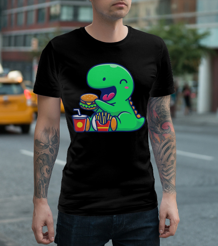 Cute Dinosaur Enjoying Burger Fries And Drink T-Shirt