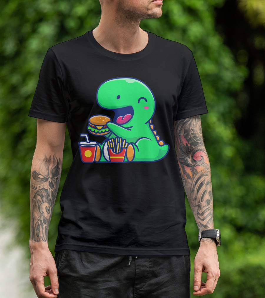 Cute Dinosaur Enjoying Burger Fries And Drink T-Shirt