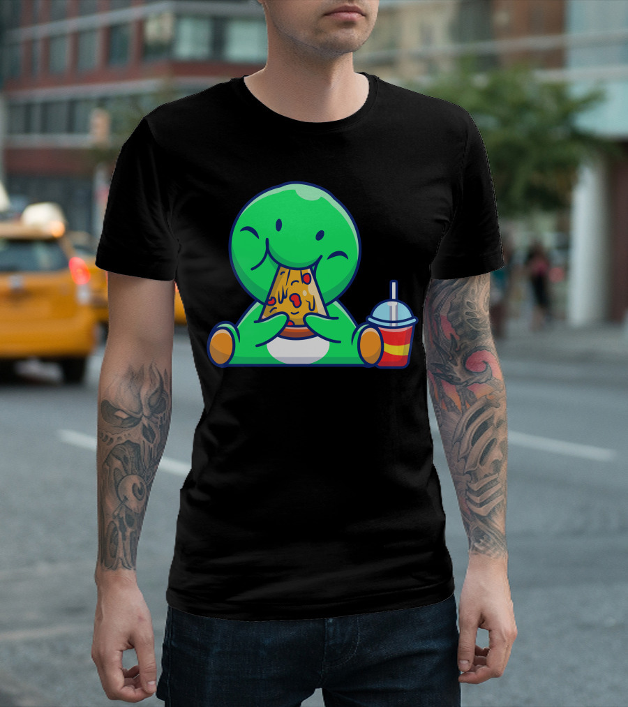 Cute Dinosaur Munching Pizza With Drink T-Shirt