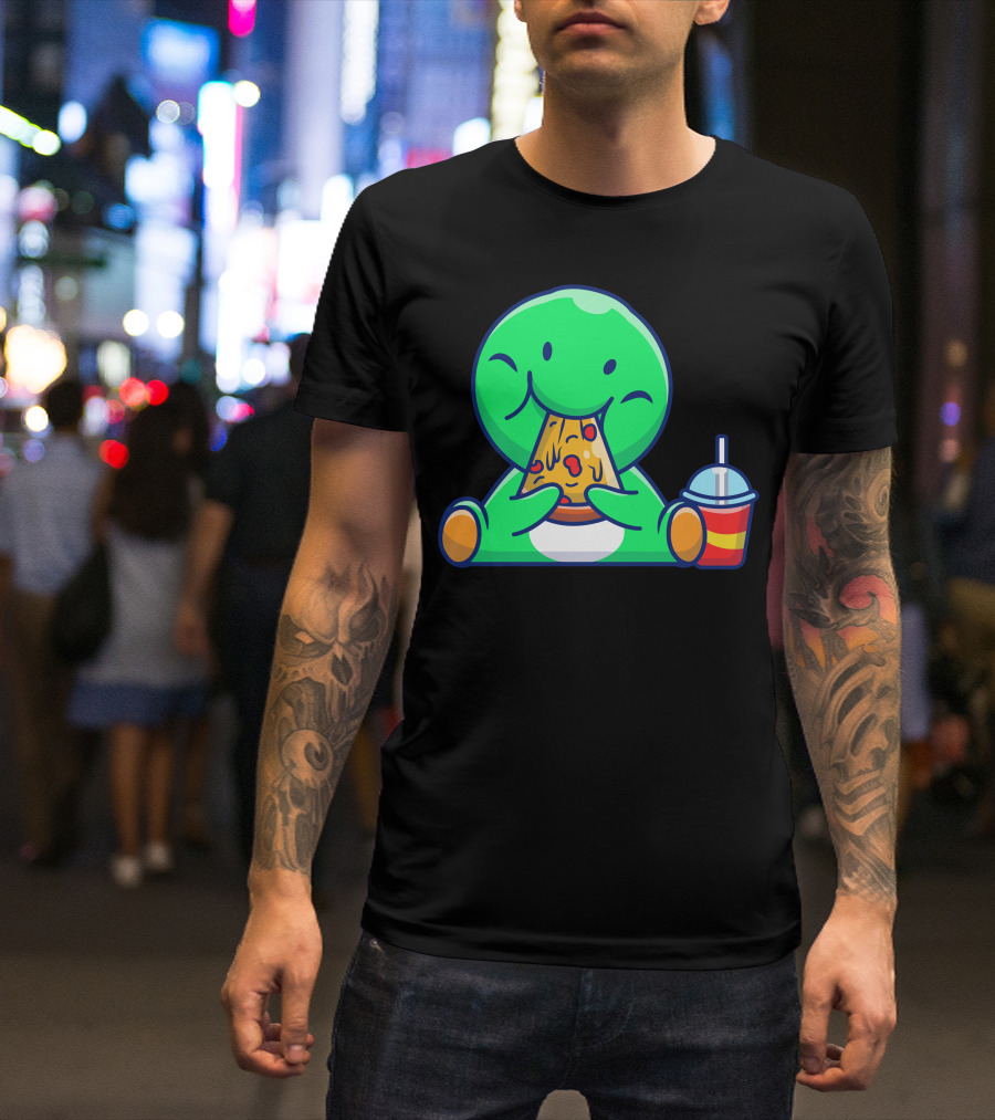 Cute Dinosaur Munching Pizza With Drink T-Shirt