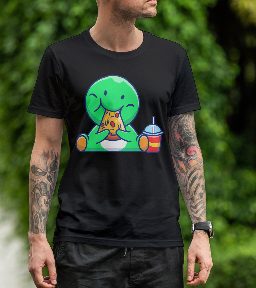 Cute Dinosaur Munching Pizza With Drink T-Shirt