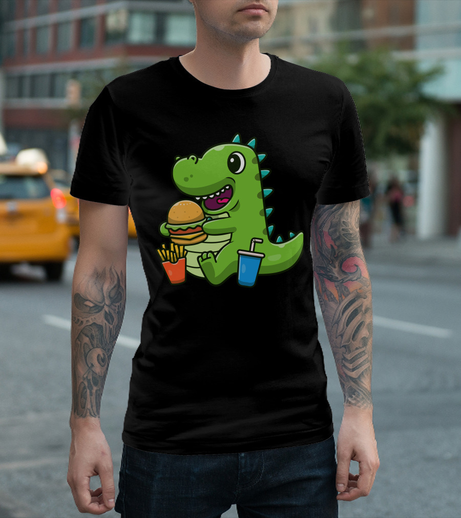 Cute Dinosaurs Eating Burger With Fries And Drink T-Shirt