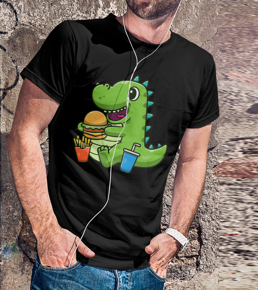 Cute Dinosaurs Eating Burger With Fries And Drink T-Shirt