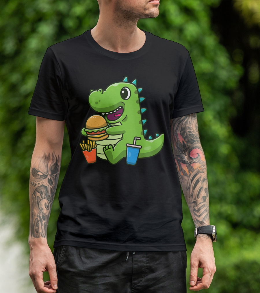 Cute Dinosaurs Eating Burger With Fries And Drink T-Shirt