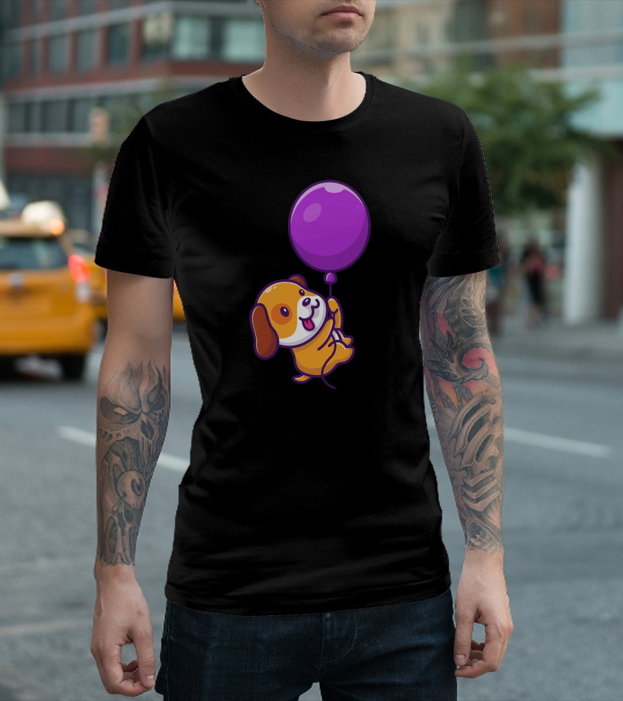 Cute Dog Floating With Purple Balloon T-Shirt