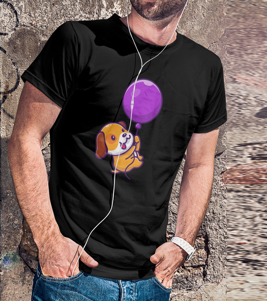 Cute Dog Floating With Purple Balloon T-Shirt
