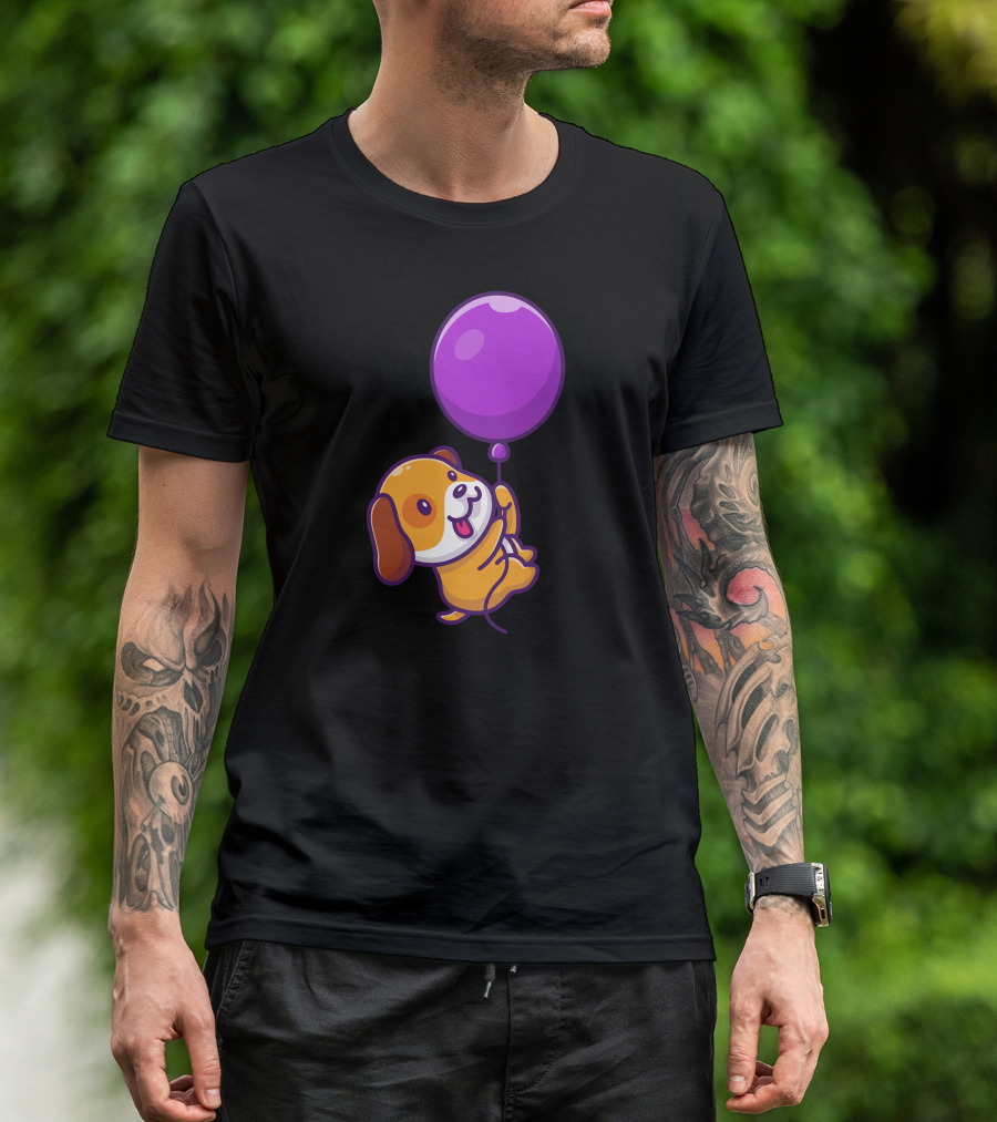 Cute Dog Floating With Purple Balloon T-Shirt