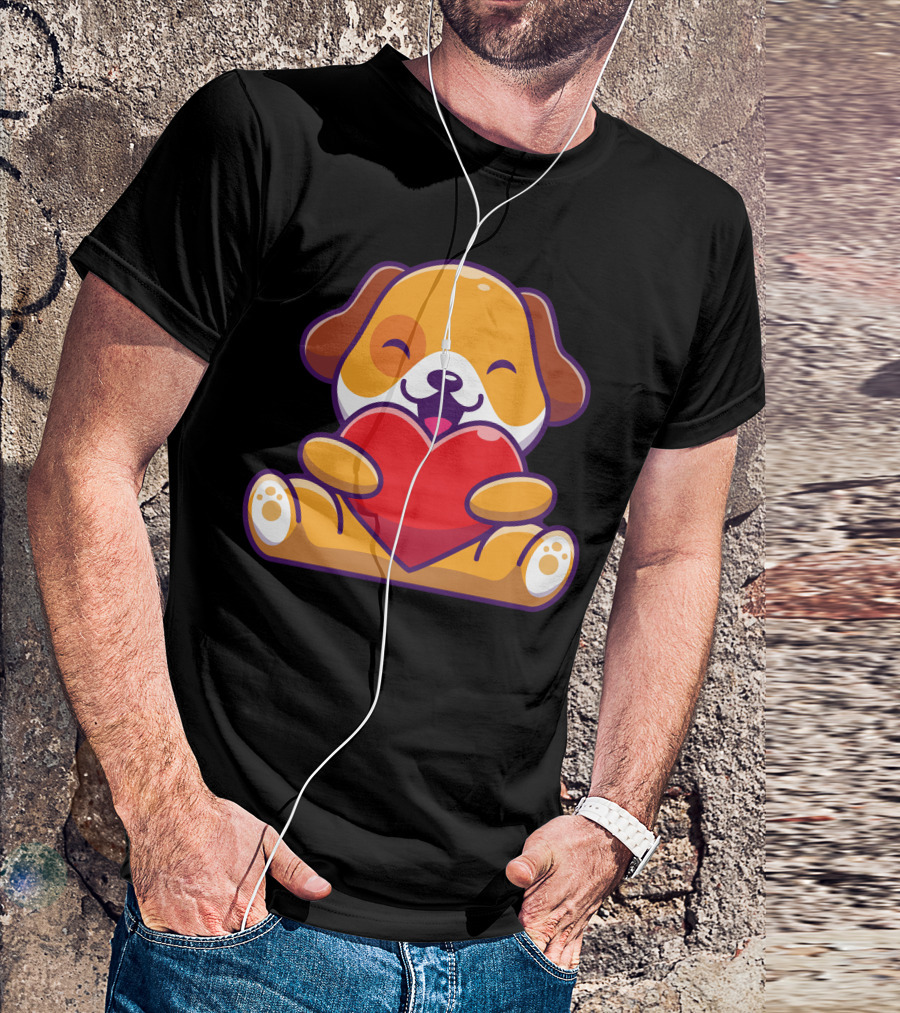 Cute Puppy Embracing Heart With Joyful Expression T-Shirt