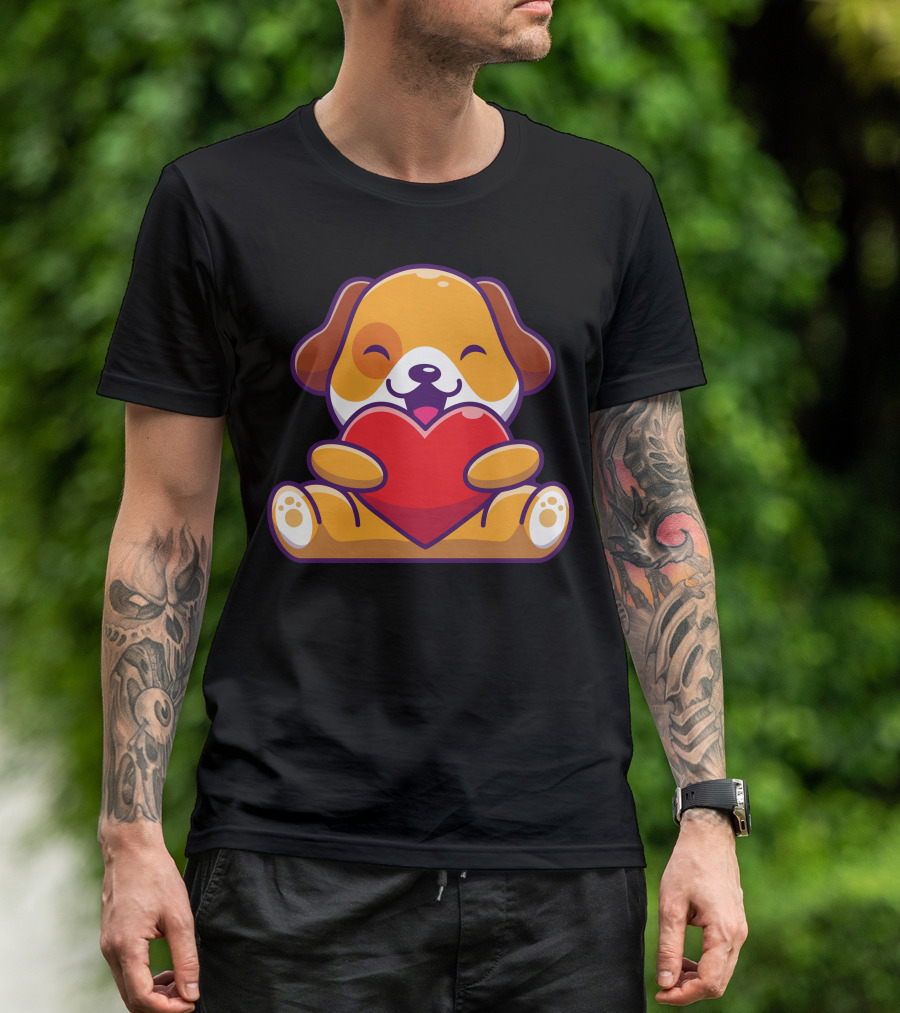Cute Puppy Embracing Heart With Joyful Expression T-Shirt