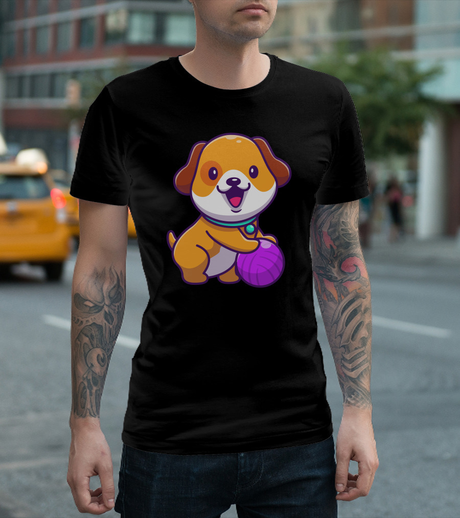 Adorable Dog Joyfully Holding Purple Yarn Ball T-Shirt