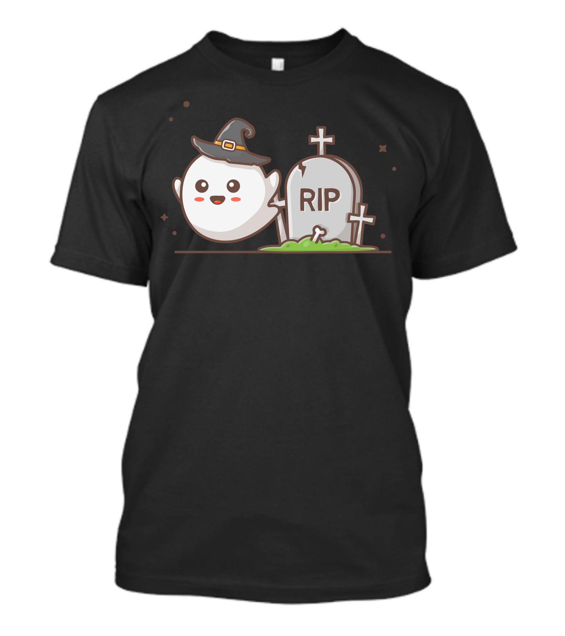Adorable Ghost With Witch Hat And RIP Tombstone T-Shirt