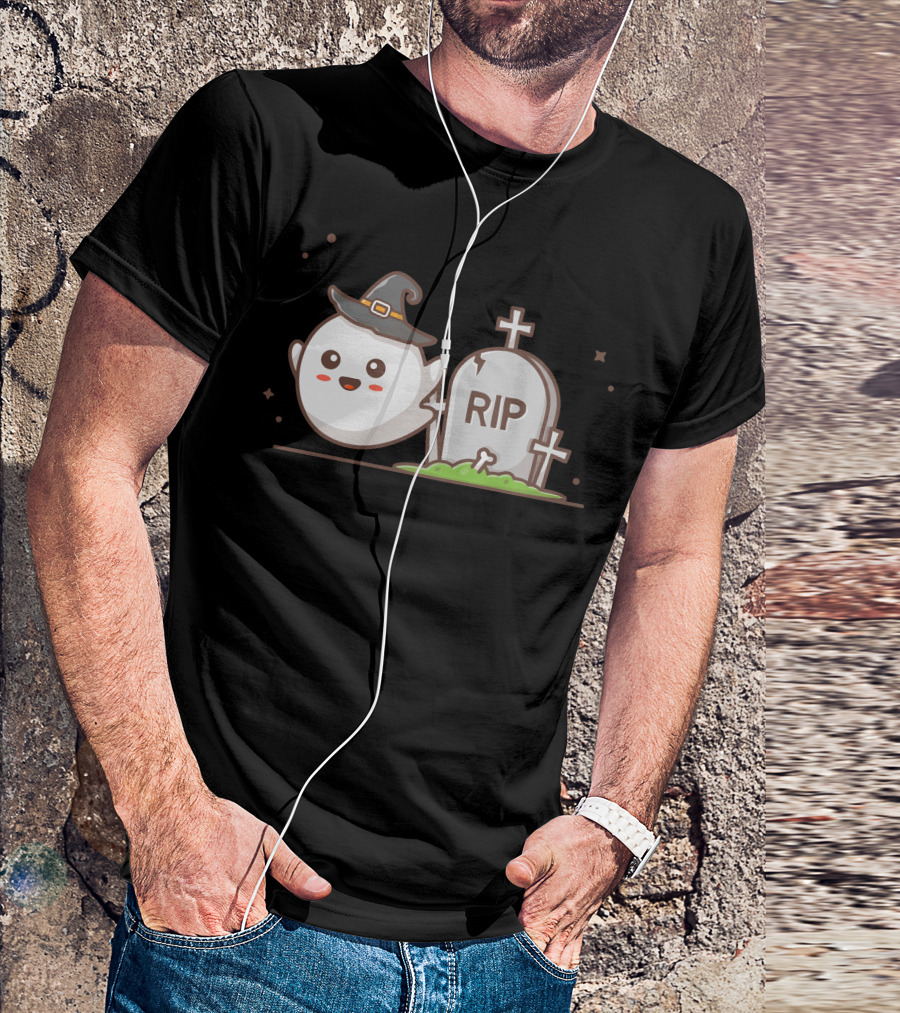 Adorable Ghost With Witch Hat And RIP Tombstone T-Shirt