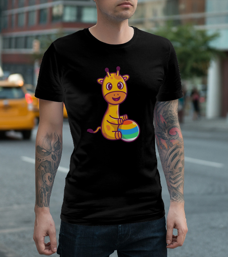 Smiling Giraffe Holding Colorful Striped Ball T-Shirt