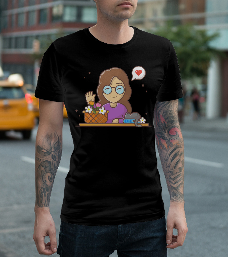 Cute Girl Waving with Glasses Cat and Flower Basket Heart Bubble T-Shirt