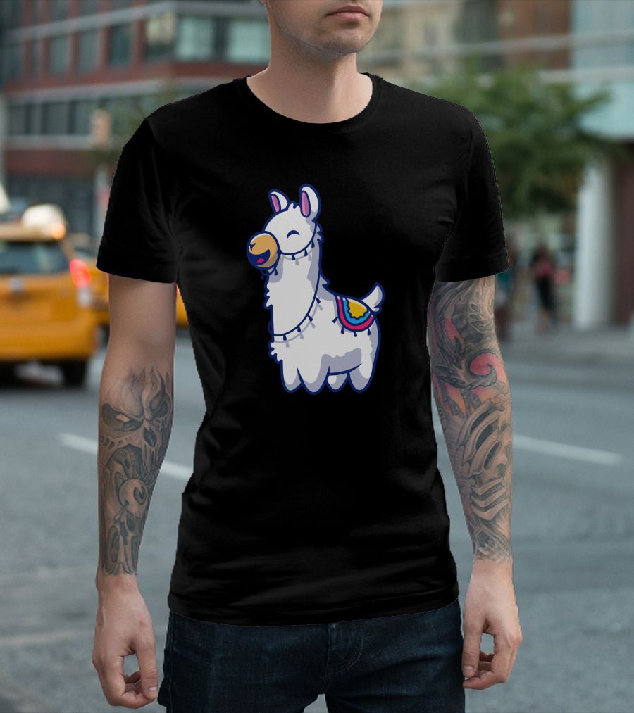 Cute Llama Cartoon Smiling Character With Colorful Blanket T-Shirt