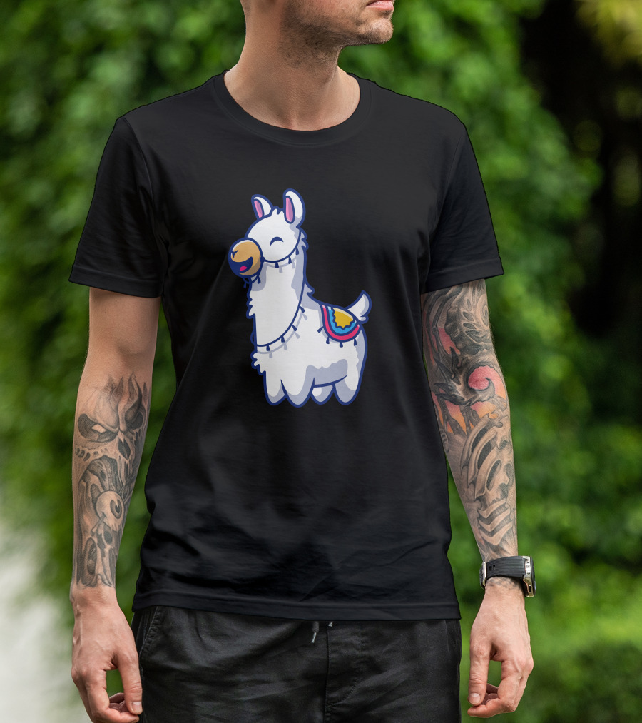 Cute Llama Cartoon Smiling Character With Colorful Blanket T-Shirt