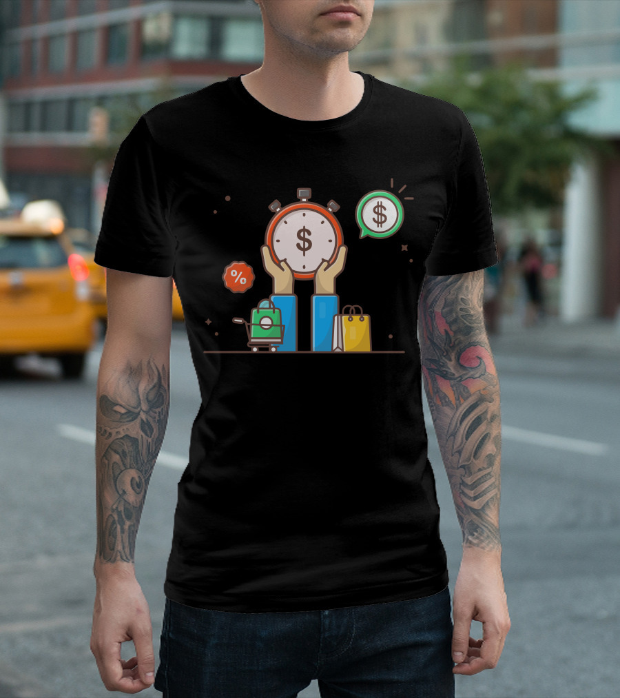 Discount And Sale Time Shopping Icons Dollar Hand Stopwatch T-Shirt