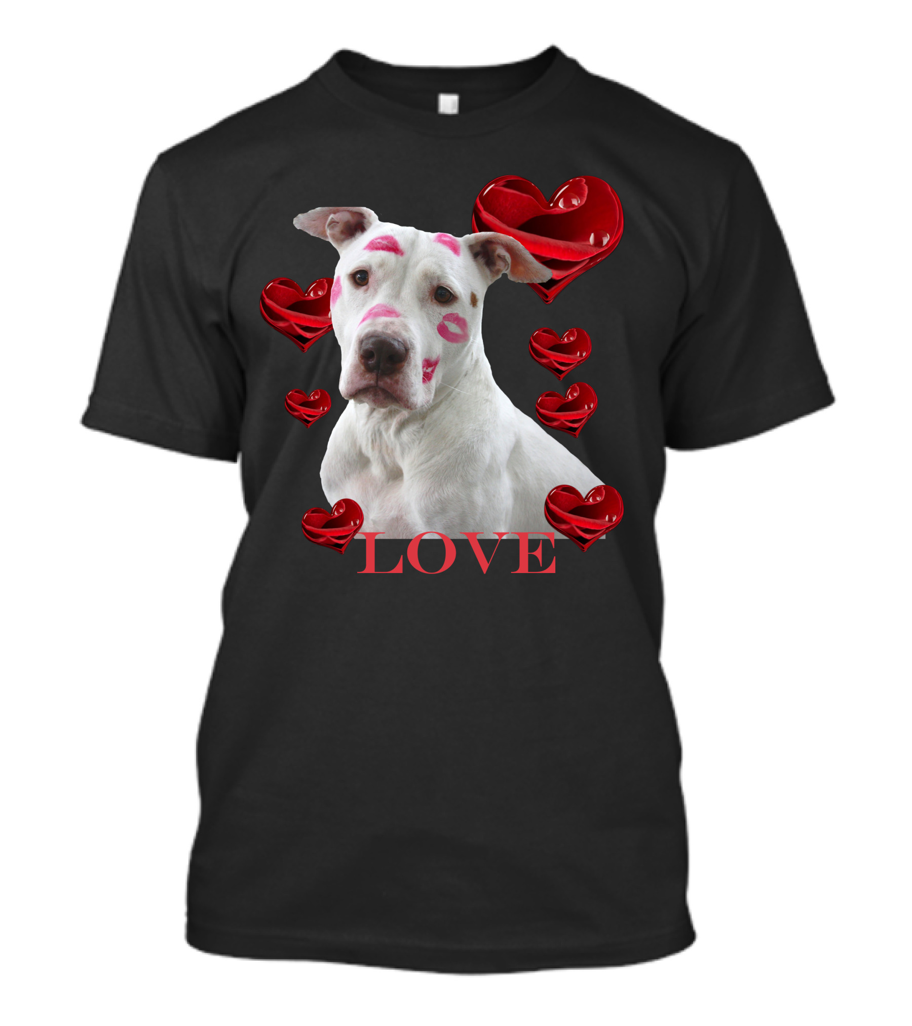 Dog With Lipstick Marks And Love Surrounded By Red Hearts T-Shirt