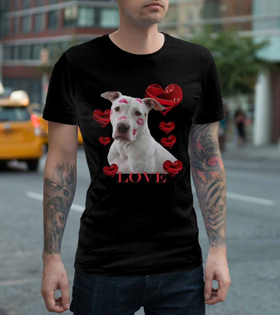 Dog With Lipstick Marks And Love Surrounded By Red Hearts T-Shirt