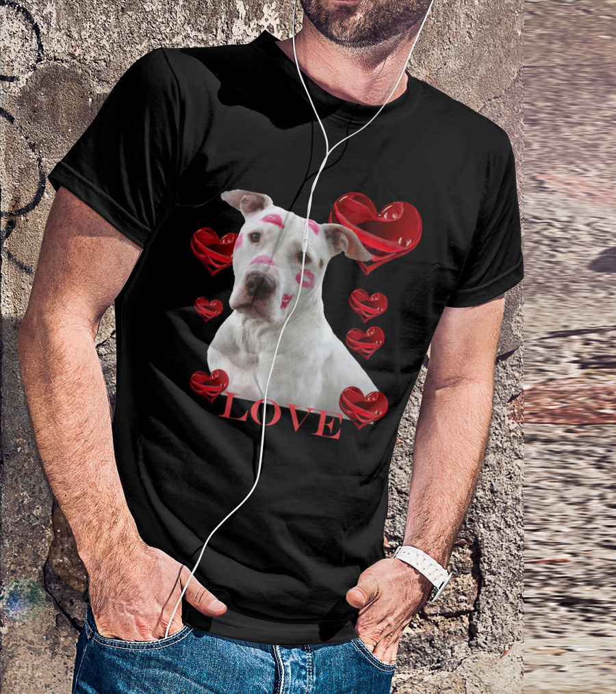 Dog With Lipstick Marks And Love Surrounded By Red Hearts T-Shirt